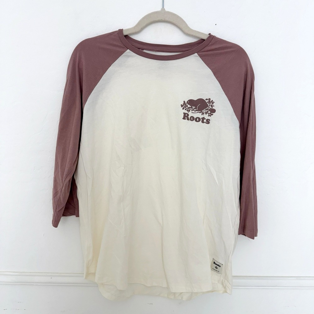Roots Womens Raglan Baseball Tee Cream Mauve Beaver Logo 3/4 Sleeve Large